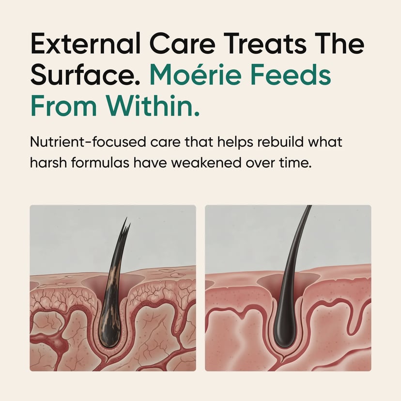 External care treats the surface. Moérie feeds from within.